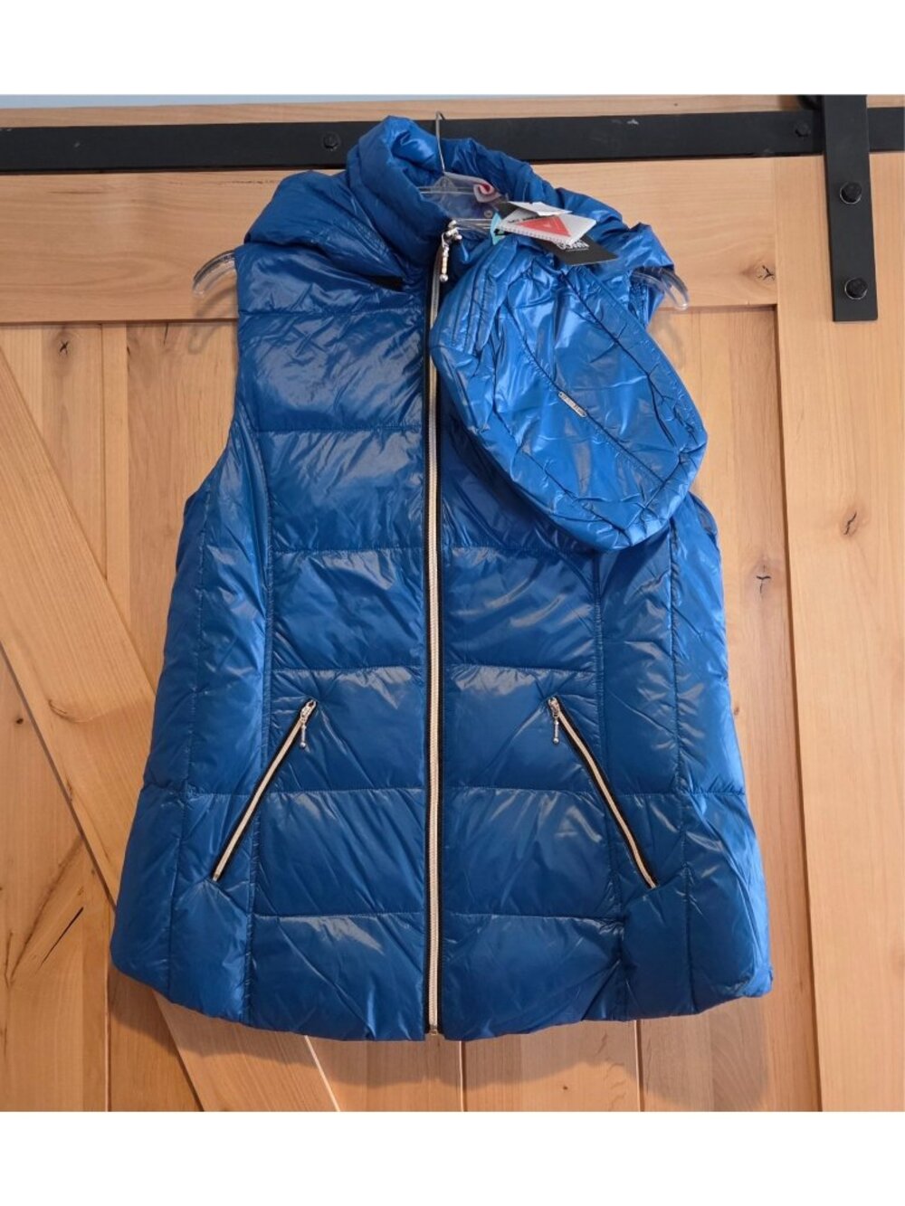 New! My Anorak Size L Blue Puffer Vest Down Removable Hood Packable Bag